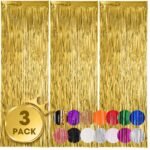 3 Pack 3.3x8.2 Feet Gold Foil Fringe Backdrop Curtains, Tinsel Streamers, Fringe Backdrop for 2025 New Years Eve, Graduation, Birthday, Baby Shower, Gender Reveal, Disco Party