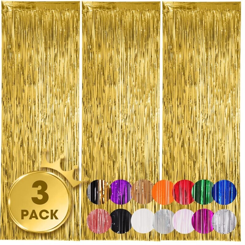 3 Pack 3.3x8.2 Feet Gold Foil Fringe Backdrop Curtains, Tinsel Streamers, Fringe Backdrop for 2025 New Years Eve, Graduation, Birthday, Baby Shower, Gender Reveal, Disco Party