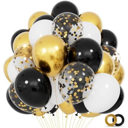 68Pcs Black White Gold Balloons with 12 Inch Black Gold Confetti Balloons for Graduation Birthday Wedding Party Decorations