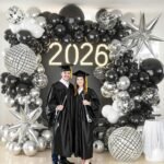 Black Silver Balloons Arch Garland Kit, Black Silver White Balloons Disco Ball Balloons Arch for Disco Party Christmas 2026 New Year's Eve Birthday Graduation Anniversary...