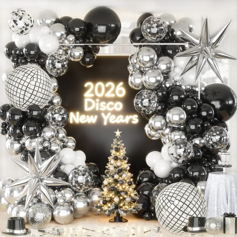 Black Silver Balloons Arch Garland Kit, Black Silver White Balloons Disco Ball Balloons Arch for Disco Party Christmas 2026 New Year's Eve Birthday Graduation Anniversary...