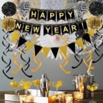 Happy New Year Set Black Banner with Gold Black Paper Flag Bunting Swirl Streamers & Pom Poms for Happy New Year Party Decorations