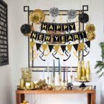 Happy New Year Set Black Banner with Gold Black Paper Flag Bunting Swirl Streamers & Pom Poms for Happy New Year Party Decorations