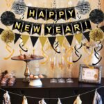 Happy New Year Set Black Banner with Gold Black Paper Flag Bunting Swirl Streamers & Pom Poms for Happy New Year Party Decorations