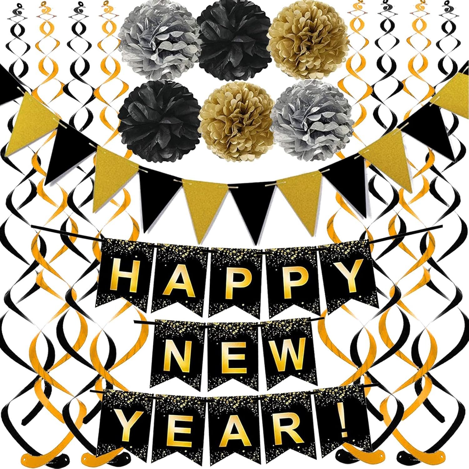 Happy New Year Set Black Banner with Gold Black Paper Flag Bunting Swirl Streamers & Pom Poms for Happy New Year Party Decorations Happy New Year Set Black Banner with Gold Black Paper Flag Bunting Swirl Streamers & Pom Poms for Happy New Year Party Decorations